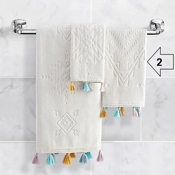 2 new Wild Sage Gloria Geo 16x26" 100% Cotton HAND Towels w/ Colorful Tassels - Picture 6 of 6